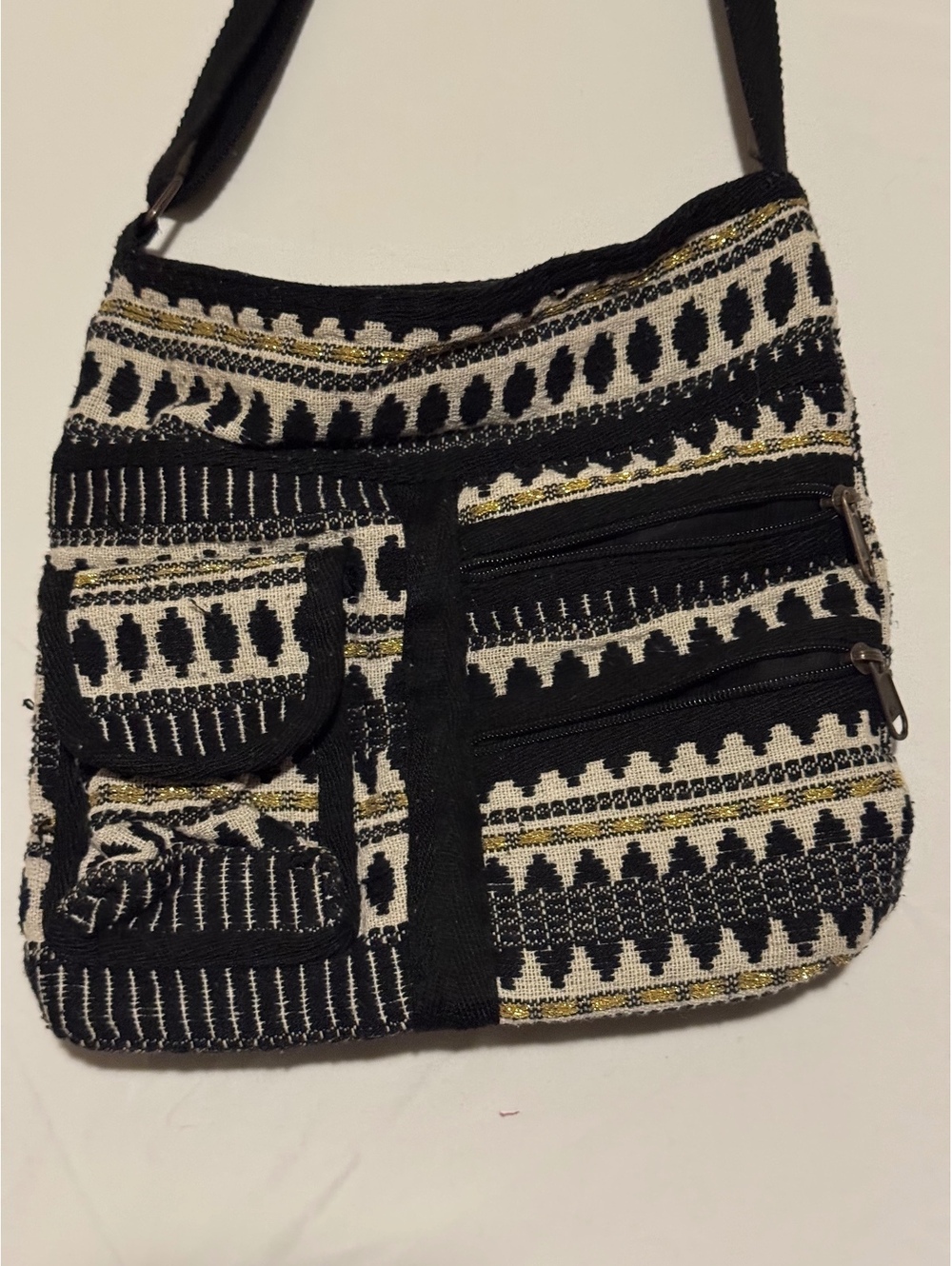 Aztec Geometric Woven Crossbody Messenger Bag Multi Pocket Boho Black Gold